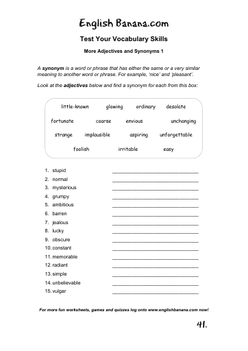 Synonyms Worksheets Nouns, Verbs, Adjectives Synonym